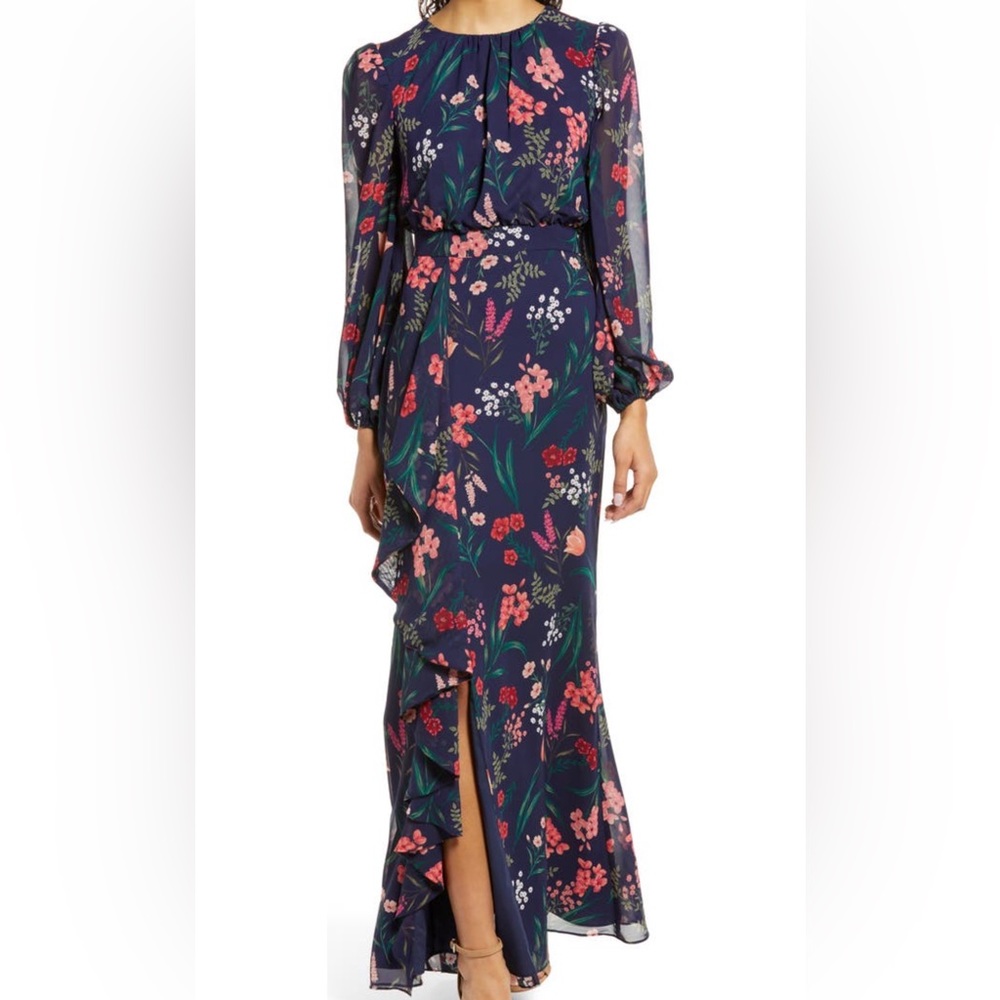 Eliza J Floral Cascade Ruffle Dress, Long Sleeve, sz 6